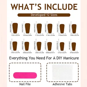 Size chart for 24pcs trapezoid press-on nails with 12 sizes and application tools