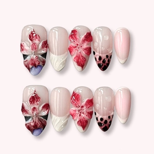 3D floral pink almond press-on nails with handcrafted relief flowers and water drops