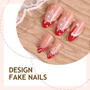 Christmas almond press-on nails with red French tips, white snowflakes and holiday patterns
