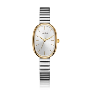 Macro detail of the silver brushed oval dial and golden markers of the Naidu watch