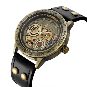 Retro bronze automatic mechanical watch with skeleton dial and rivet leather strap
