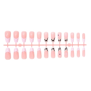 24pcs long trapezoid press-on nails with pink French tips and leopard print bow accents