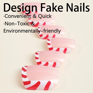 Short red and white candy cane striped French press-on nails with a glossy finish