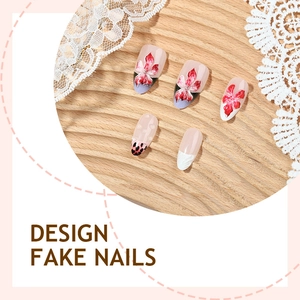 3D embossed floral and leopard print almond press-on nails with red hand-painted designs