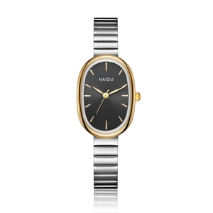 Detail of NAIDU women's oval watch featuring a black dial and silver stainless chain band