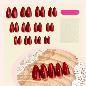 Katzenaugen-Drucknägel Set in Weinrot mit magnetischem Schimmer Mandelform 24Stk