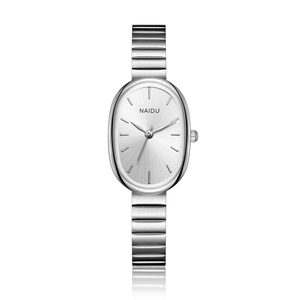 Detailed view of silver oval dial NAIDU watch with horizontal chain link strap texture