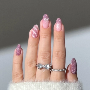 Faux Ongles De Noël Press On Nails Paillettes Français Flocon De Neige Amande Long Manucure DIY Pour Femmes Élégant Hiver