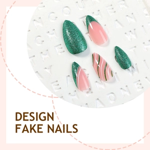Almond shaped press-on nails with green glitter and pink wavy French stripe patterns