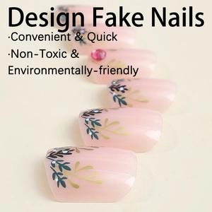 Short square soft pink fake nails with green leaf patterns and blue flower accents