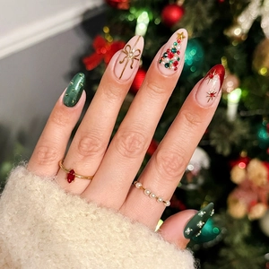 Christmas Press On Nails Long Almond Handmade Dark Green Pink Christmas Tree Rhinestone Bow French Style Fake Nails