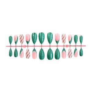 French almond press-on nails set with glitter green and pink swirl patterns