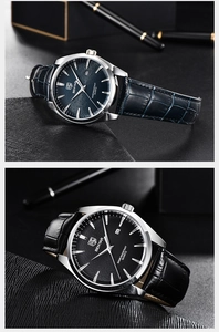 Gros plan d'une montre quartz avec bracelet en cuir, guichet de date et étanchéité 50m