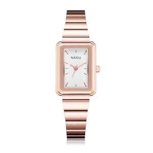 Elegant rose gold rectangular women watch with white minimalist dial and quartz movement