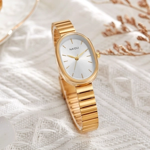 Elegant gold oval quartz watch for women with silver sunburst dial and metal link bracelet