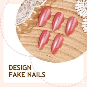 Pink cat eye almond fake nails with high gloss shimmer finish and pearl texture