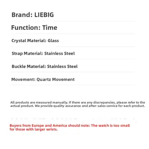 Specifications of the quartz watch featuring a stainless steel strap and glass mirror