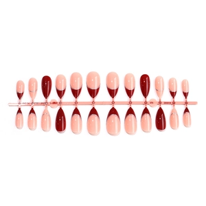 Unghie finte a mandorla french in rosso scuro e rosa nude con glitter argento