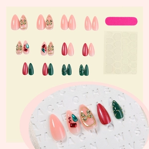 24pcs Christmas almond fake nails with rhinestones, 3D bows, glue tabs and file
