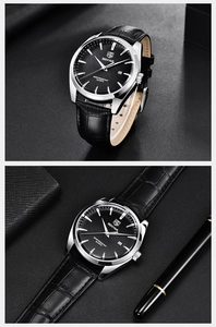 Vue macro de la montre quartz Benyar avec bracelet en cuir noir et fenêtre de calendrier