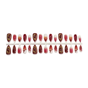 Detailed set of almond nails featuring burgundy, pearl white gradients and gold leaf accents