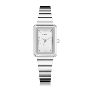 Close-up of square silver quartz watch with white dial and brushed stainless steel strap