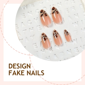 Leopard print almond press-on nails with glitter French tips and nude cat-eye finish