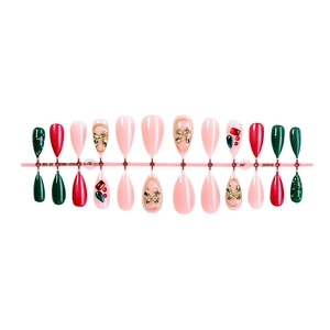 Christmas press-on nails with Santa elk patterns and gold bow charms in 24-piece set