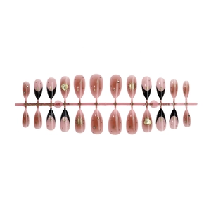 French almond press-on nails set with pink and black gradient and gold star patterns