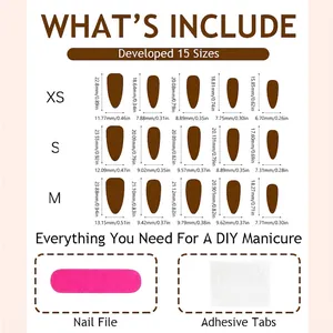 Sizing chart for 3D embossed leaf press-on nails including XS S M dimensions and tools