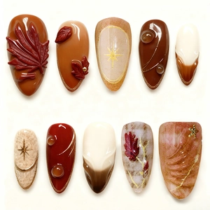 Handmade Press On Nails 3D Relief Maple Leaf Design Autumn Winter Elegant Gold Glitter Glossy Matte Artificial Fingernails