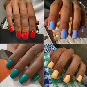 Handmade short square press-on nails set in red, light blue, peacock blue, and cream yellow
