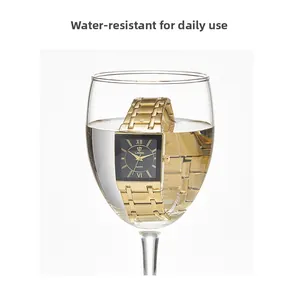 Golden square quartz watch submerged in water showing daily life waterproof resistance