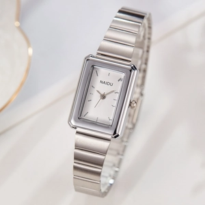 Elegant minimalist silver rectangular quartz watch for women with stylish bamboo metal strap