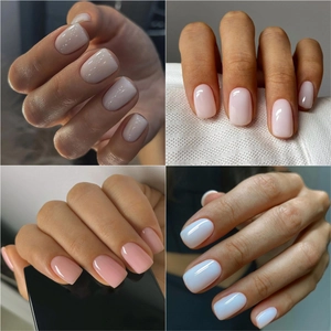 Handmade short square press-on nails in white and pink tones with glossy mirror finish