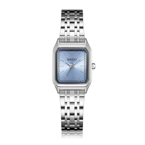 Montre élégante en acier inoxydable argenté pour femme avec cadran bleu clair rayon
