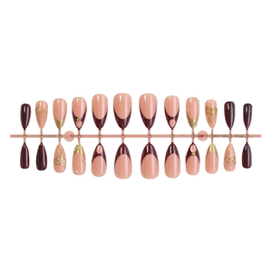Almond press-on nails set with 3D gold bows, pearls, and wine red gradient finish