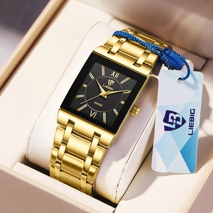 Luxurious gold rectangular quartz watch with black dial and metal chain strap for women