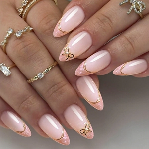 Press On Nails French Almond Shape ABS Plastic Artificial Fake Nails White Marble Smudge With Golden Bow Decor For Women
