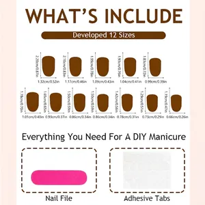 Short oval nude press-on nails set with size chart, nail file, and adhesive tabs included