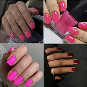 Short square press-on nails in glossy pink and burgundy colors shown in a grid layout
