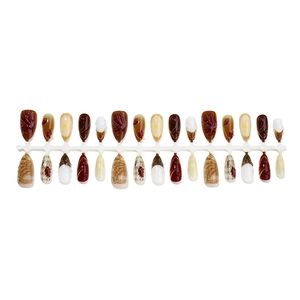 3D autumn maple leaf press-on nails with 3D embossed designs and gold glitter accents