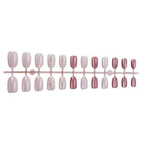 Pink gradient cat-eye press-on nails set with pearls and gold silk 3D patterns