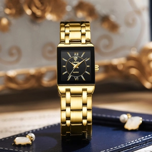 Luxurious gold square watch for women with black dial and metal linked strap