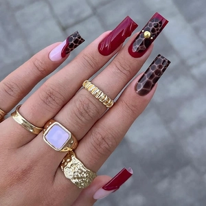 Long Coffin Press On Nails Red French Leopard Print Luxury Glossy Artificial Nails With Adhesive Tabs And File