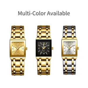 Square quartz watch with metal link strap in gold and silver finishes, roman numerals