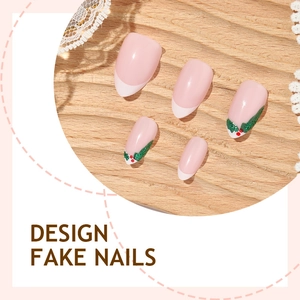 Christmas french short almond press-on nails with holly berry design and white tips