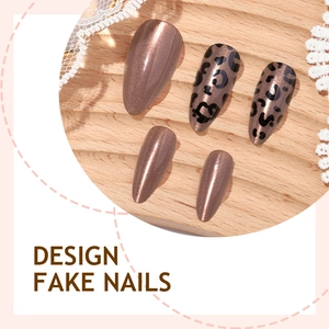 Cat eye almond press-on nails with leopard print and metallic bronze finish