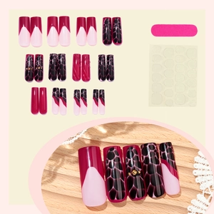 Long coffin fake nails set featuring red leopard print and pink French tips style
