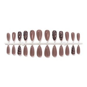 Cat eye almond press-on nails with dark metallic shimmer and black leopard print